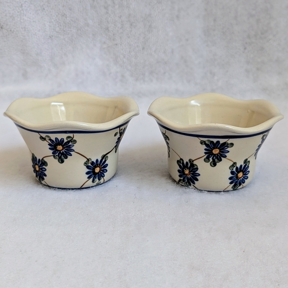 Polish Pottery Tealight Candle Holders with Blue, Yellow, & Brown Floral Design - Picture 3 of 8